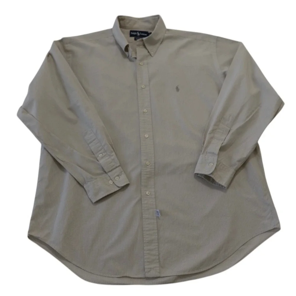 Ralph Lauren Yarmouth Mens Tan Gingham Check Cotton Button Down Shirt 17.5 34/35
